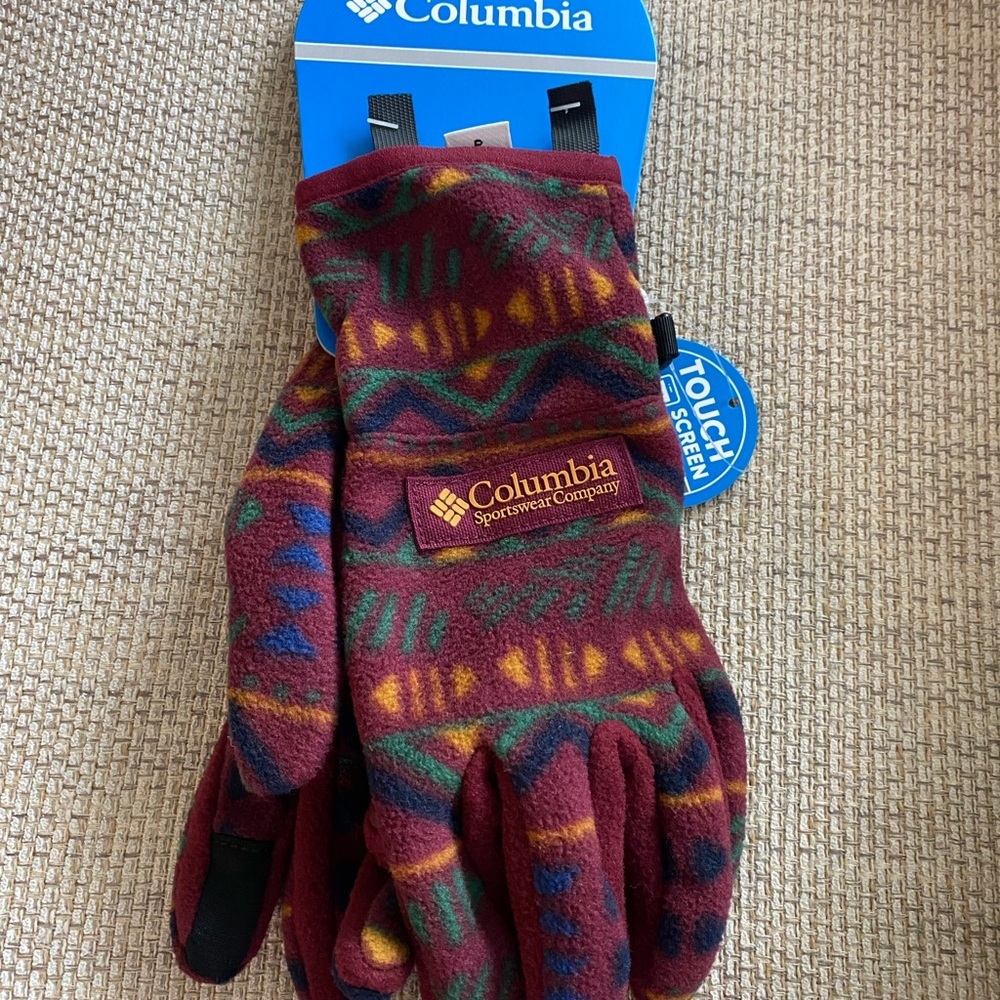 Columbia Patterned Fleece Touchscreen Gloves - Burgundy Multi